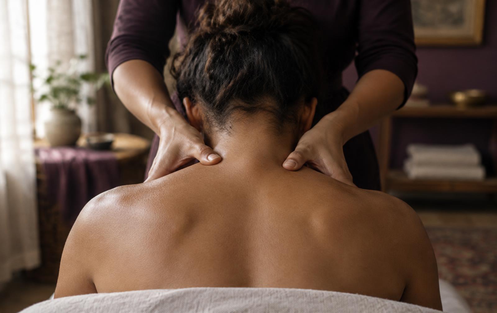 Massage therapist working through the neck and shoulders in Montreal West